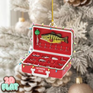 Ornement plat 2D personnalisé pour boîte de matériel de pêche, décoration de Noël de pêcheur personnalisée, cadeau de pêcheur, décoration d&#39;arbre de vacances leurre de pêche