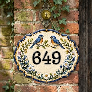 Pode incluir: Uma placa oval de cerâmica para número de casa com os dígitos 649 em preto. A placa é decorada com dois pássaros azuis pousados num ramo, rodeados por uma borda floral pintada de margaridas brancas e folhas verdes com contorno azul.