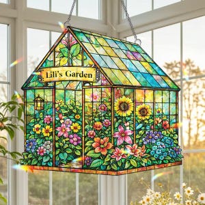 Personlig solfångare i färgat glas i växthus, hängande blommotiv, botanisk trädgårdsdekor