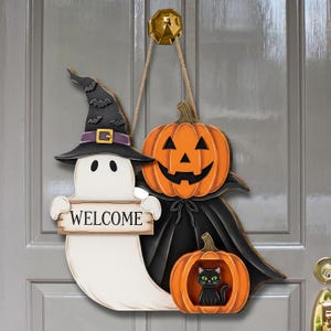 Halloween Ghost Pumpkin Door Hanger, Welcome Sign with Black Cat and Witch Hat, Spooky Fall Porch Wall Hanging Decoration, Festive Fall Sign