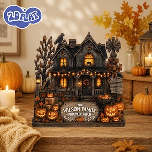 May include: A decorative Halloween-themed house figurine featuring warm interior lighting, a sign reading THE WILSON FAMILY PUMPKIN PATCH, and a wooden signpost with text HAYRIDES, PUMPKINS, CIDER, CANDY. The scene includes carved pumpkins, a black cat, and crows.
