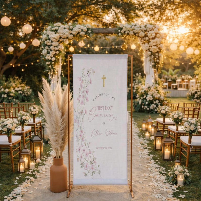 Floral Linen Banner, Personalized First Holy Communion Welcome Sign - Etsy
