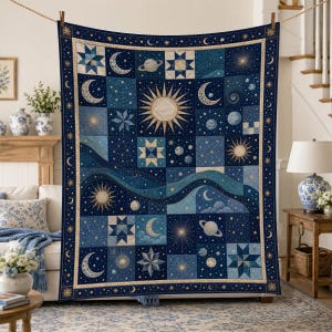 Peut inclure: Une courtepointe rectangulaire au motif céleste sur fond bleu foncé. Le design comprend divers blocs carrés affichant des soleils dorés, des croissants de lune, des planètes et des étoiles, reliés par un motif de vague fluide en nuances de bleu.