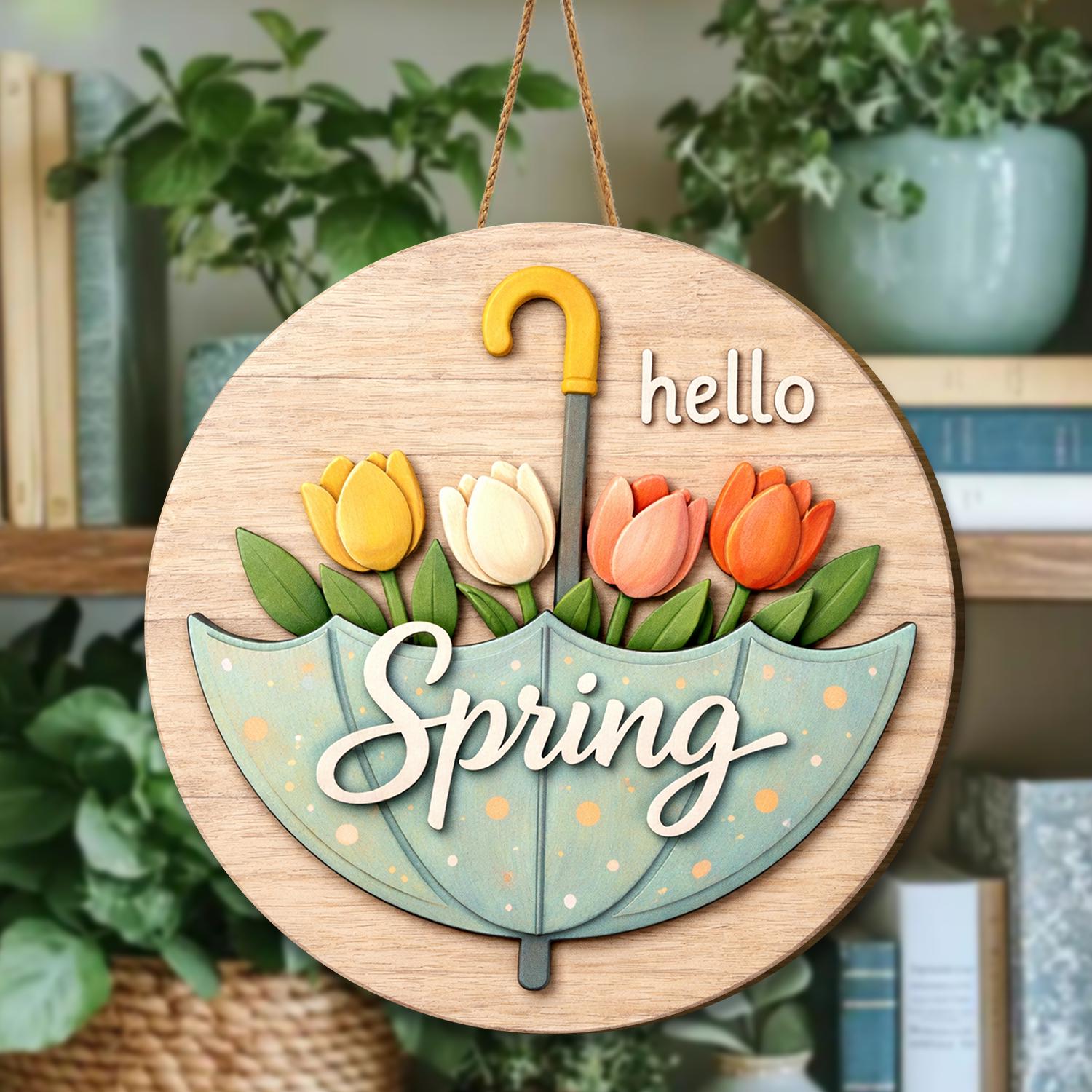 Tulip Umbrella Spring Door Sign, Farmhouse Wood Decoration - Etsy