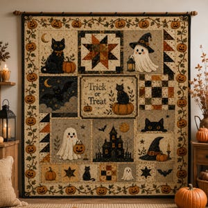 Padrão de colcha de Halloween, decoração assustadora de patchwork com gato fantasma e abóbora.
