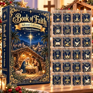 May include: A Book of Faith Advent Calendar box featuring a nativity scene illustration and 24 small, square, blue and gold ornaments displayed in a clear plastic tray, each labeled with religious phrases like Grace and Hope.