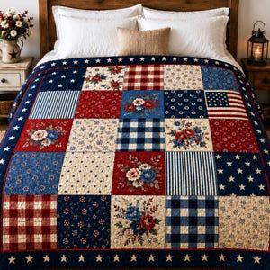 Peut inclure: Un couvre-lit en patchwork composé d'une grille de carrés aux motifs rouges, blancs et bleus, incluant des imprimés floraux, des carreaux vichy, des rayures et des étoiles. Un carré affiche un drapeau américain. Bordure bleu foncé à étoiles.