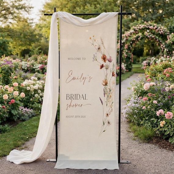 Linen Bridal Shower Banner, Garden Floral Welcome Sign, Boho Wedding Decor