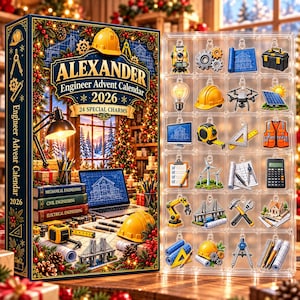 May include: The Alexander Engineer Advent Calendar 2026 features a box with engineering-themed illustrations and 24 individual compartments containing small charms shaped like tools, safety gear, blueprints, and various engineering equipment.