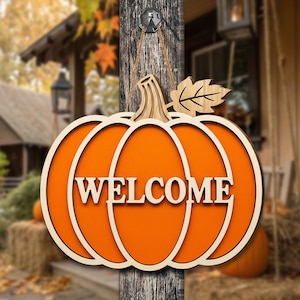 Pumpkin Welcome 2 Layer Door Sign, Rustic Fall Harvest Porch Decor, Wooden Autumn Wall Hanging, Farmhouse Thanksgiving Decoration
