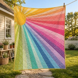 May include: A rectangular quilt featuring a vibrant sunburst pattern with radiating rays in a spectrum of colours including yellow, orange, red, pink, purple, blue, and green. Each fabric strip displays a subtle floral print and quilted texture.