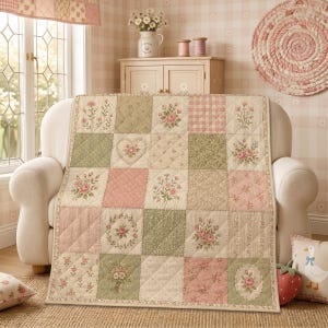 May include: A patchwork quilt featuring a grid of square fabric panels in soft shades of sage green, dusty pink, and cream. The design includes various floral patterns, gingham checks, polka dots, and a central heart motif with rose accents.