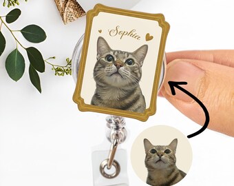 Porta badge personalizzato con ritratto di animale domestico, foto personalizzata del gatto