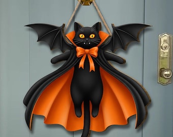 Halloween Black Cat Vampire Bat Wooden Sign, Gothic Wall Decor