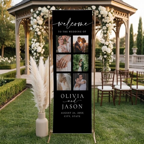 Personalized Photo Wedding Welcome Banner, Custom Linen Sign, Modern Black Fabric Poster