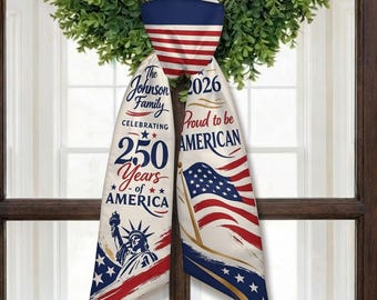 Patriotyczny wieniec, spersonalizowana kokarda na drzwi z nazwiskiem rodziny, 1776-2026, USA, dekoracja z okazji 250 lat