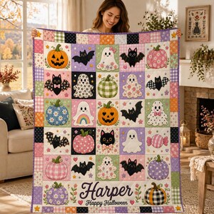Personalized Halloween Patchwork Quilt, Spooky Cottagecore Cozy Throw Blanket