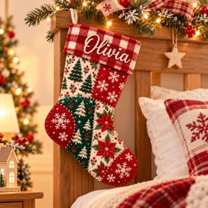 Calcetín navideño de patchwork personalizado, calcetín a cuadros rojos con nombre personalizado, decoración navideña vintage para la chimenea.