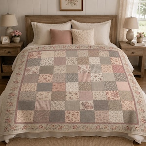 Vintage Floral Quilt Blanket, Patchwork Cottagecore Throw, Shabby Chic Farmhouse Bedding, Cozy Bedspread