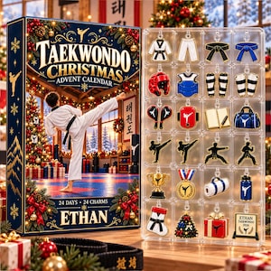 Personalized Taekwondo Advent Calendar 2026, 24 Day Martial Arts Blind Box, Custom Name Christmas Gift for Taekwondo Students