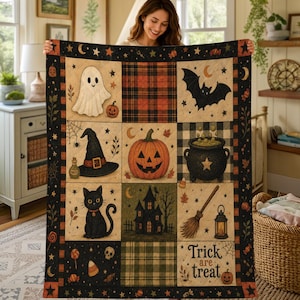 Halloween Quilt Blanket, Black Cat Ghost Pumpkin Throw, Rustic Autumn Patchwork Decor, Spooky Gift