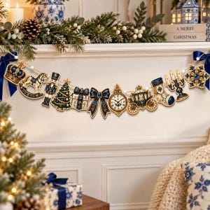 May include: A decorative garland featuring a series of hanging ornaments in blue, gold, and white. The pieces include a crown, rocking horse, nutcracker, Christmas tree, gift box, bow, clock, carriage, stocking, candelabra, and a snowflake.