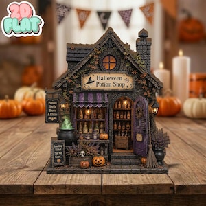 Könnte beinhalten: Ein Miniatur-Halloween-Zaubertrankladen mit dunkler Steinfassade, einem lila-schwarz gestreiften Vordach und einem Schild mit der Aufschrift Halloween Potion Shop. Der Laden enthält Regale mit kleinen Flaschen, einen grünen Kessel und Kürbisse.