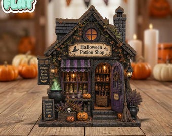 Personalized Halloween Potion Shop Wooden Block, Miniature Witch Cauldron Decor, Spooky Apothecary Sign