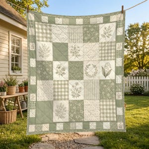 May include: A sage green and white patchwork quilt featuring a repeating grid pattern. The design includes alternating squares of gingham, vertical stripes, and floral botanical illustrations of various plants, leaves, and flowers on a quilted fabric.