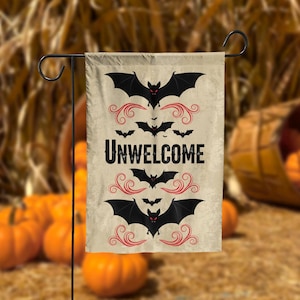 Unwelcome Garden Flag, Halloween Bat Yard Decor, Gothic Outdoor Flag, Spooky Porch Decoration, Scary Autumn Yard Banner
