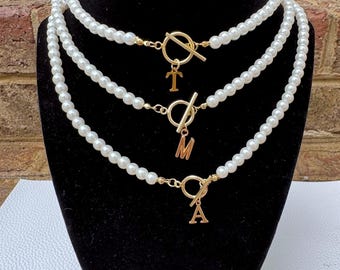 Initial Pearl Necklace: Personalized Faux Pearl Letter Charm, Bar Clasp, Mother’s Day Gift