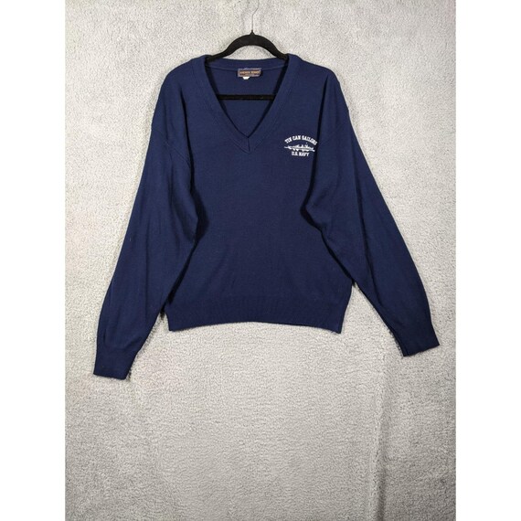 Andrew Rohan Sweater Mens 2XL Navy Tin Can Sailors Embroidered Logo Knit V-Neck