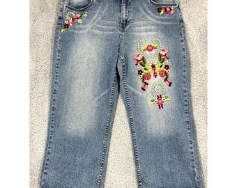 Vintage L.A. Blues Capri Jeans Womens 14 Denim Embroidered Floral Wide Leg Y2K