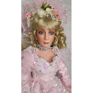 Vintage Rustie Porcelain Doll Pink Chiffon Blonde Curly Hair Blue Eyes 26&quot;