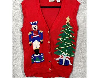 Vtg Laura Gayle Sweater Vest Women M Red Holiday Nutcracker Christmas Colorful