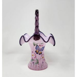 Fenton Butterfly Pink Chiffon Opalescent Rib Optic Basket Hand Painted Signed 9.75&quot; Tall