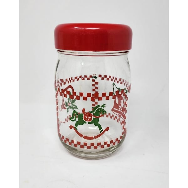 Tarro de dulces vintage de vidrio transparente con tapa, con estampado navideño de 18 cm