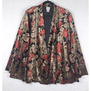 May include: A floral print jacket with a black background, featuring red, brown, and gold flowers. The jacket has a wide, open front and long sleeves. The jacket is hanging on a black hanger.
