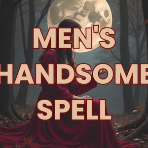 Puede incluir: Una mujer con un vestido rojo se sienta en un bosque con una luna llena en el fondo. El texto "MEN'S HANDSOME SPELL" está superpuesto en la imagen.