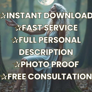 Puede incluir: Una mujer con un vestido azul claro se sienta en un toc&oacute;n de &aacute;rbol en un bosque. El texto "INSTANT DOWNLOAD", "FAST SERVICE", "FULL PERSONAL DESCRIPTION", "PHOTO PROOF" y "FREE CONSULTATION" se superpone a la imagen.
