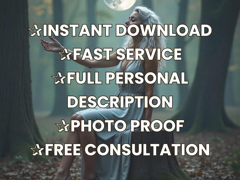 Puede incluir: Una mujer con un vestido azul claro se sienta en un toc&oacute;n de &aacute;rbol en un bosque. El texto "INSTANT DOWNLOAD", "FAST SERVICE", "FULL PERSONAL DESCRIPTION", "PHOTO PROOF" y "FREE CONSULTATION" se superpone a la imagen.
