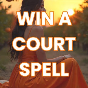 May include: A woman wearing an orange dress sits in an orange grove with the text "WIN A COURT SPELL" superimposed on the image.