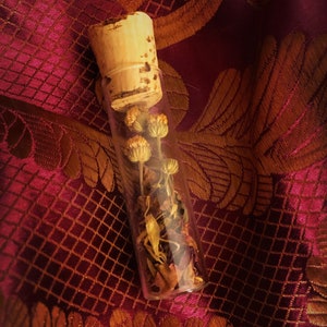 May include: A clear glass bottle with a cork stopper filled with dried flowers and herbs. The bottle is sitting on a red and gold patterned fabric.