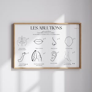 Puede incluir: Una impresión enmarcada con el título "LES ABLUTIONS" en texto negro. La impresión presenta dibujos lineales que ilustran los pasos de la ablución, incluyendo el lavado de manos, boca, nariz, cara, brazos, cabello, oídos y pies. La impresión tiene un marco de madera clara.
