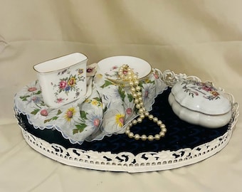 Vintage Romantic Vanity Vignette – Minton Dish, Avon Musical Trinket Box “Memories”, Hanky, Pearls – Cottage Decor Gift