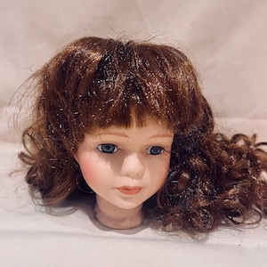 Vintage Porcelain Doll Head, 16" Brown Curly Wig, 12-13