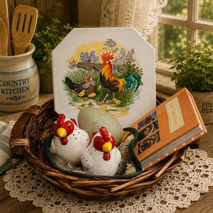 Panier-cadeau « Poulet fermier » – Décoration de cuisine vintage, dessous de plat coq, salières