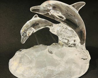 Vintage Cristal d’Arques Dolphin Mother Baby Figurine – French Crystal Glass Sculpture