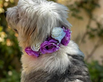 Elegante collar de flores de seda para perro / Atuendo morado y blanco para portador de anillos de boda