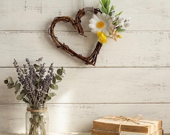 Mini corona rústica en forma de corazón con flores artificiales – Decoración colgante hecha a mano – Decoración de pared estilo cabaña